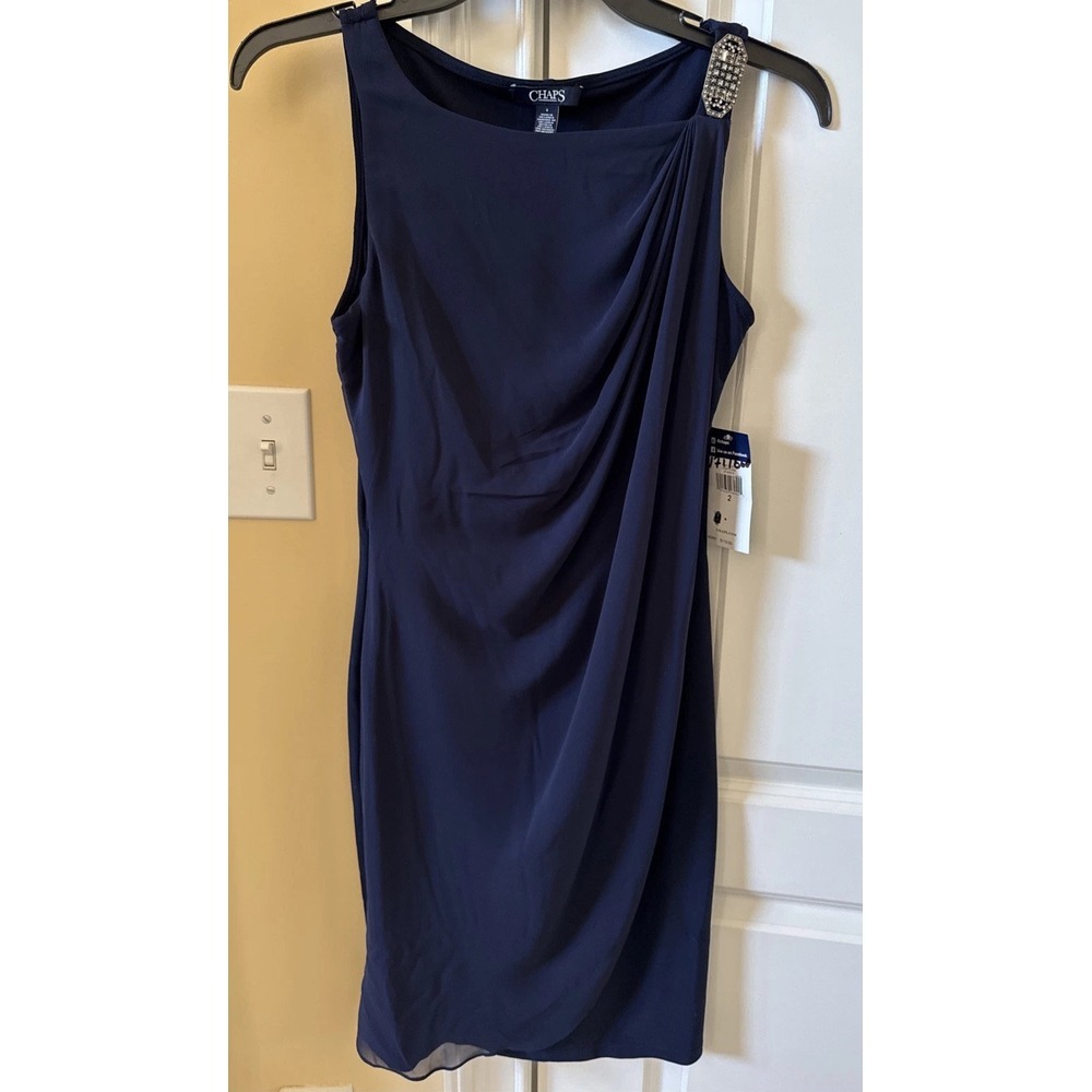 CHAPS New! Navy Jewel Embellished Sleeveless Knit‎ Dress Sz 2 Prom Wedding